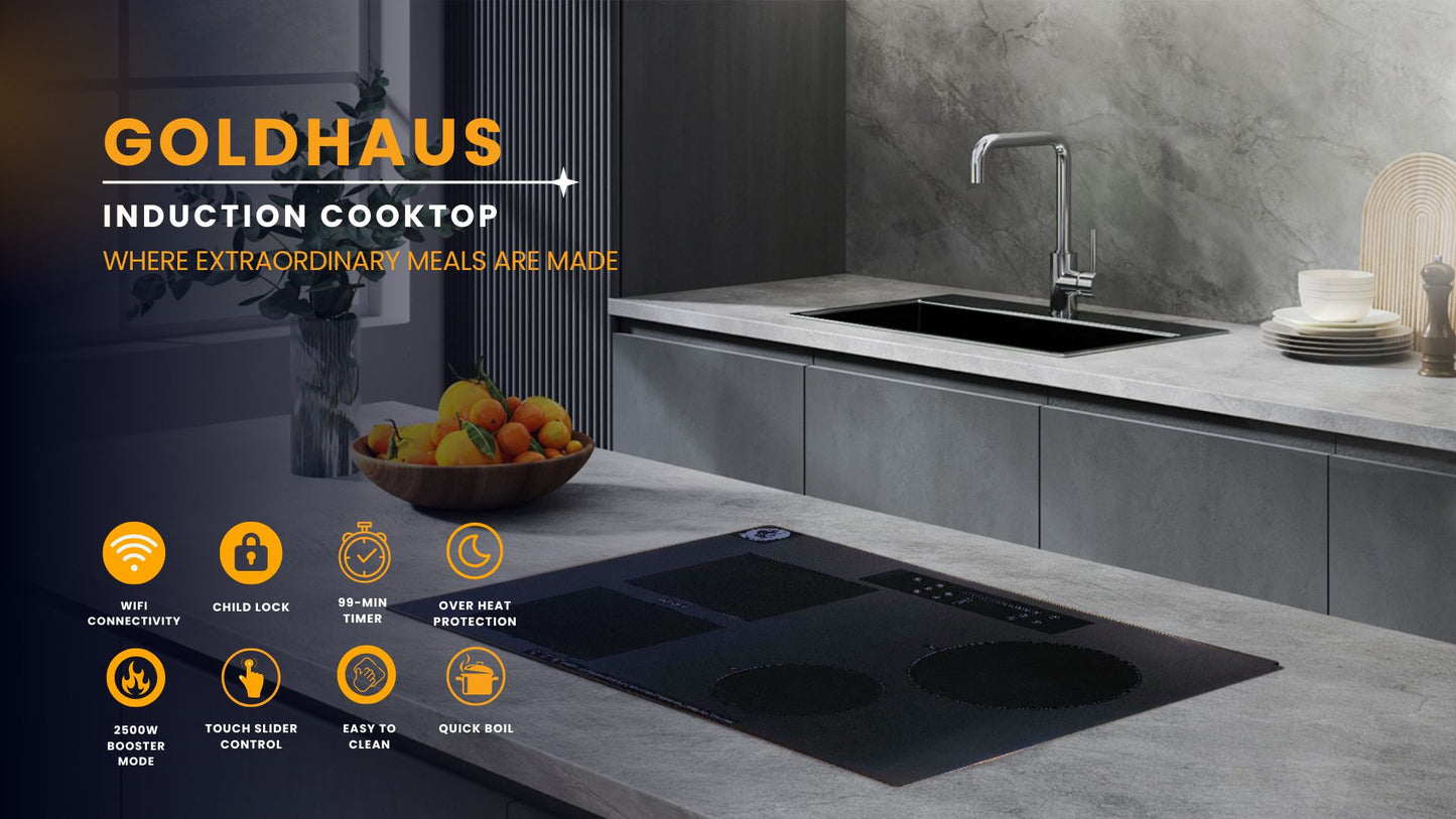 GoldHaus 30" 4-Burner Induction Cooktop, 2500W Boost, WiFi, Touch Slider, Black Kanger Glass